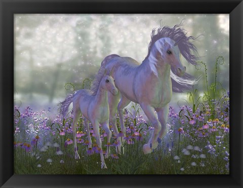 Framed Adult and Baby Unicorn in a Field of Flowers Print