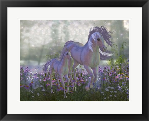 Framed Adult and Baby Unicorn in a Field of Flowers Print