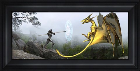 Framed Flying Gold Dragon and Female Knight Print