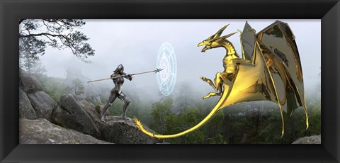 Framed Flying Gold Dragon and Female Knight Print