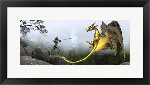 Framed Flying Gold Dragon and Female Knight Print