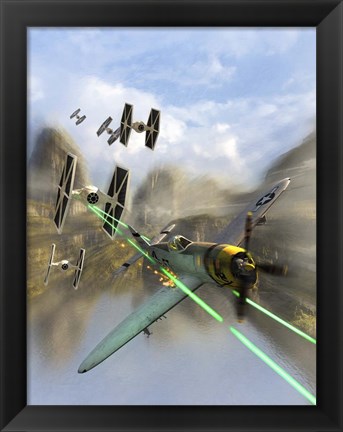 Framed WW II P-47 Thunderbolt Being Chased By Some Tie Fighters of Star Wars Print