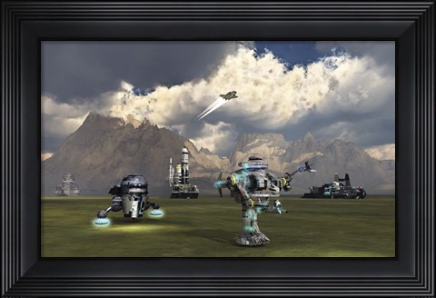 Framed Robotic Team Exploring An Alien Exoplanet Print