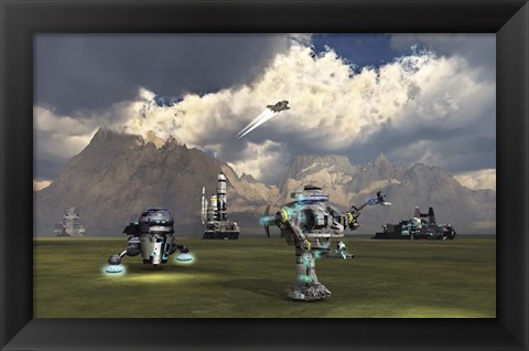 Framed Robotic Team Exploring An Alien Exoplanet Print