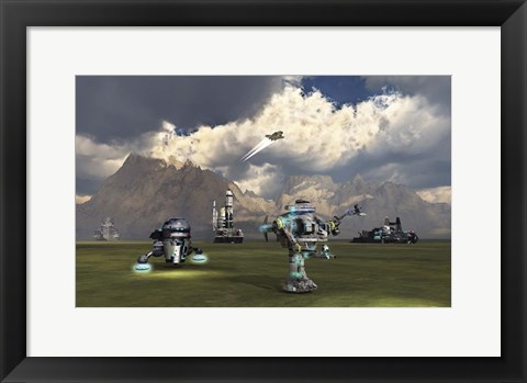 Framed Robotic Team Exploring An Alien Exoplanet Print