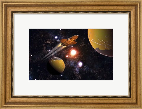 Framed Spaceship Traveling Between Exoplanets Print