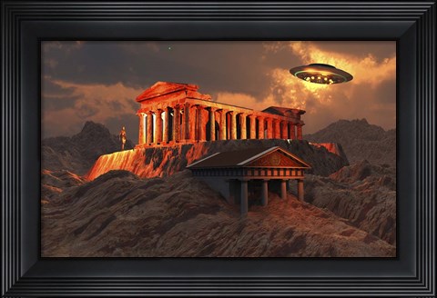 Framed Flying Saucer Flying Above An Ancient Temple Complex Print