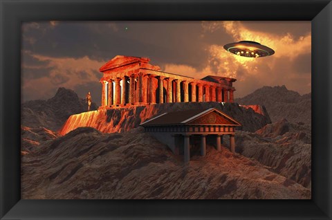 Framed Flying Saucer Flying Above An Ancient Temple Complex Print