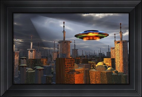 Framed Alien Flying Saucer Flying Over a Futuristic City Print