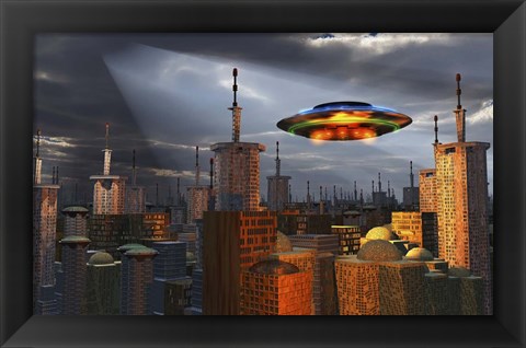 Framed Alien Flying Saucer Flying Over a Futuristic City Print