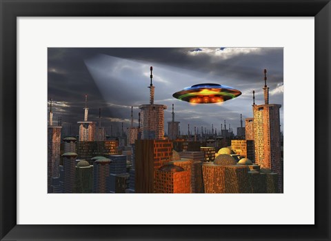 Framed Alien Flying Saucer Flying Over a Futuristic City Print