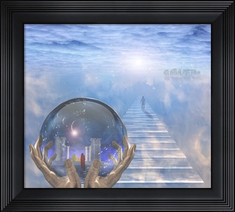 Framed Crystal Ball With Temple and Monk Print