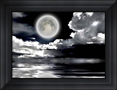 Framed Full Moon Dramatic Clouds Reflected in Calm Wat Print