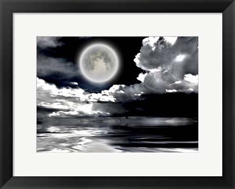 Framed Full Moon Dramatic Clouds Reflected in Calm Wat Print