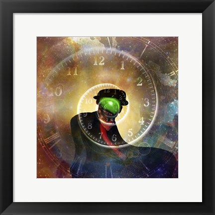 Framed Man in Black Suit Magritte Style Time Spiral in Universe Print