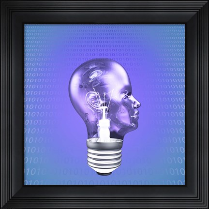 Framed Head Light Bulb With Binary Code Print