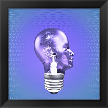 Framed Head Light Bulb With Binary Code Print