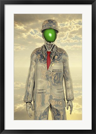 Framed Metallic Man With Face Obscure By Green Apple Print