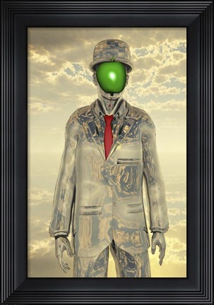 Framed Metallic Man With Face Obscure By Green Apple Print