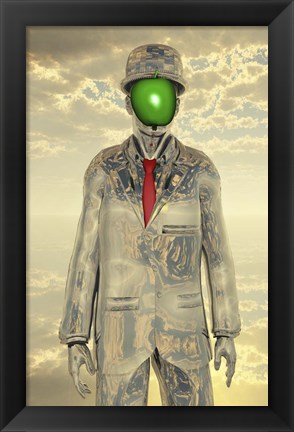 Framed Metallic Man With Face Obscure By Green Apple Print