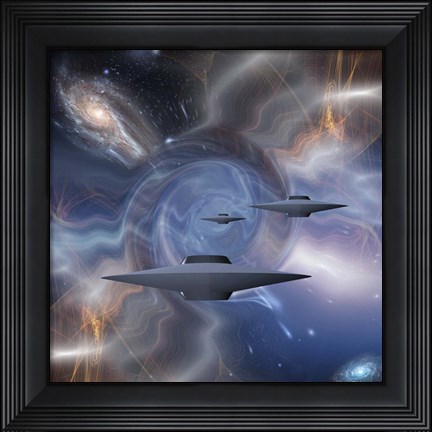 Framed Surreal Digital Art Flying Saucers in Warped Space Print