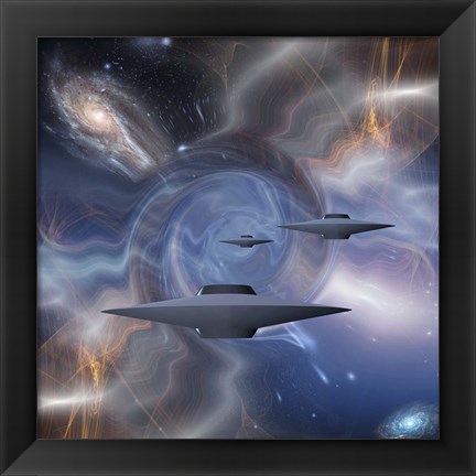 Framed Surreal Digital Art Flying Saucers in Warped Space Print