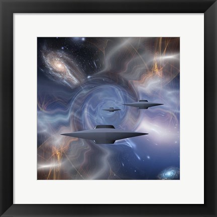 Framed Surreal Digital Art Flying Saucers in Warped Space Print