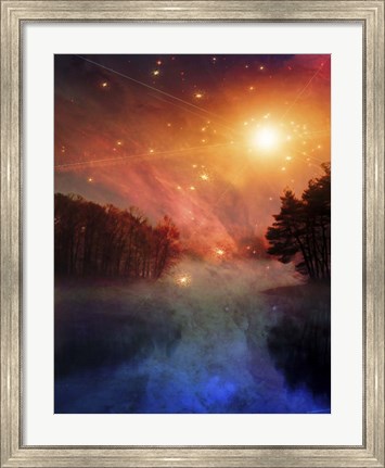 Framed Night Forest Lake Sunrise Or Sunset Print