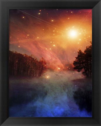 Framed Night Forest Lake Sunrise Or Sunset Print