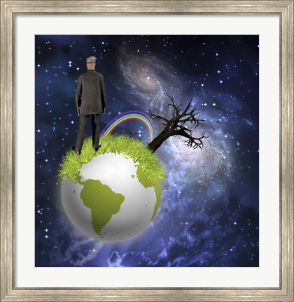 Framed Man Stands On Globe With Old Tree and Rainbow Deep Space Print