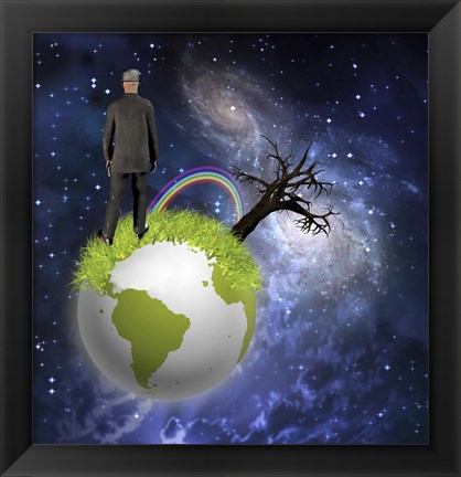 Framed Man Stands On Globe With Old Tree and Rainbow Deep Space Print