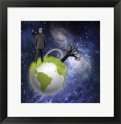 Framed Man Stands On Globe With Old Tree and Rainbow Deep Space Print