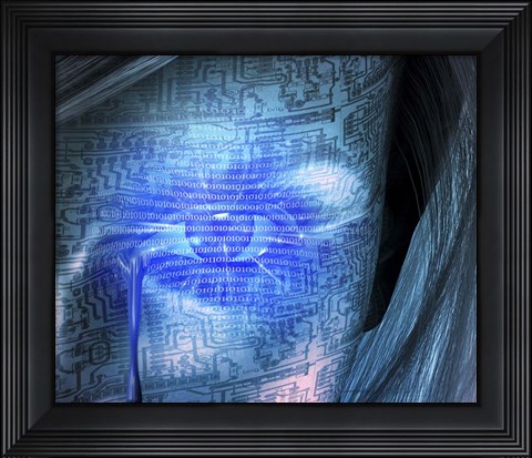 Framed Cyborg Woman Cries Binary Code, Circuit Pattern Print