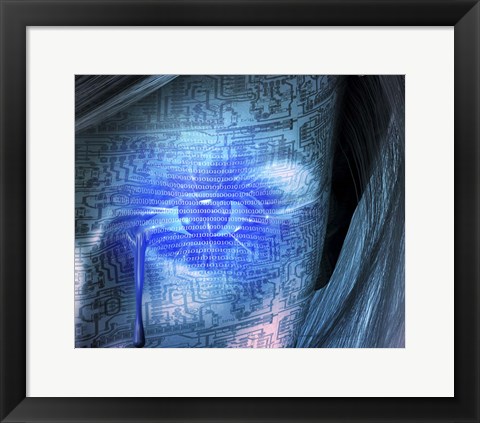 Framed Cyborg Woman Cries Binary Code, Circuit Pattern Print