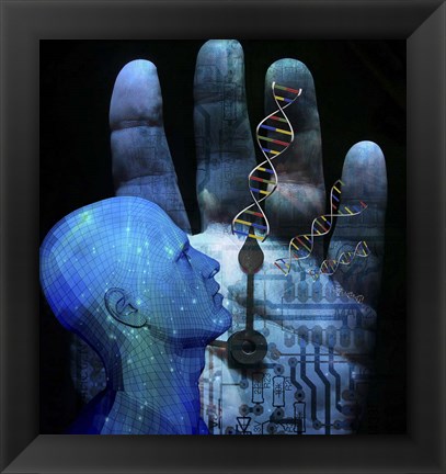 Framed Cyborg Arrows On Palm Hand DNA Strands Print