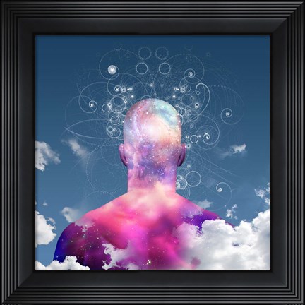 Framed Mans Head With Stars and Clouds Print