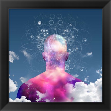 Framed Mans Head With Stars and Clouds Print