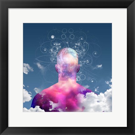 Framed Mans Head With Stars and Clouds Print