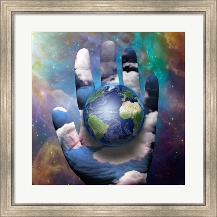 Framed Earth and Hand Before Cosmos Print