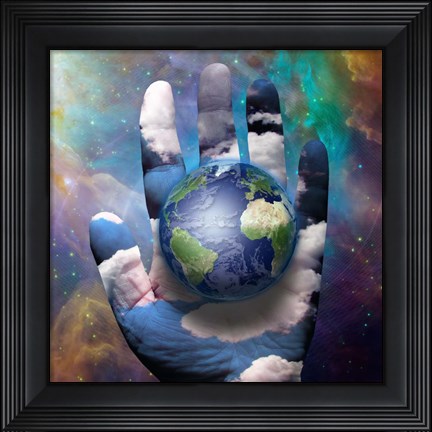 Framed Earth and Hand Before Cosmos Print