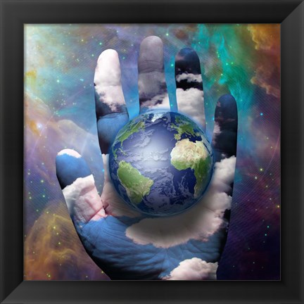 Framed Earth and Hand Before Cosmos Print