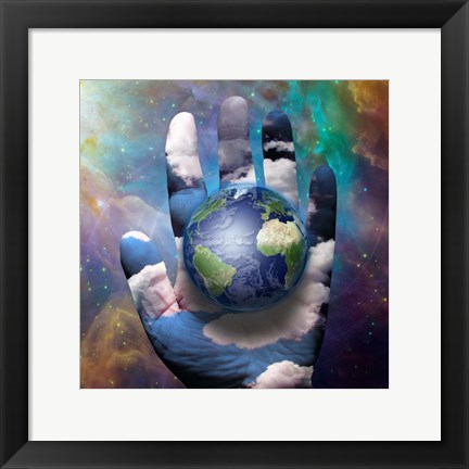 Framed Earth and Hand Before Cosmos Print