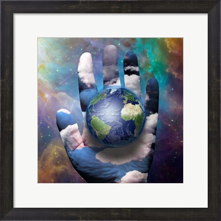 Framed Earth and Hand Before Cosmos Print