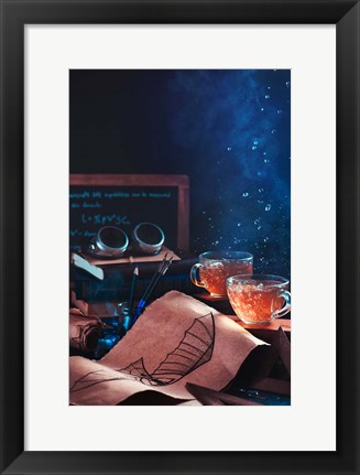 Framed Steampunk Tea (With Goggles And Blueprints) Print