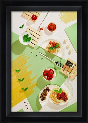 Framed Suprematic Meal: Pasta With Tomato Sauce And Mushrooms Print