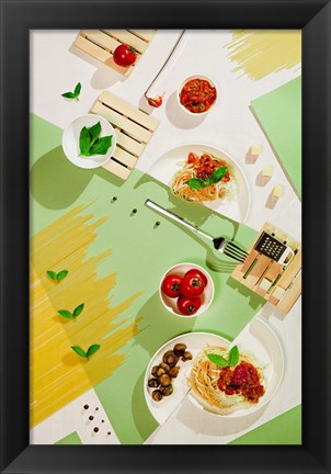 Framed Suprematic Meal: Pasta With Tomato Sauce And Mushrooms Print