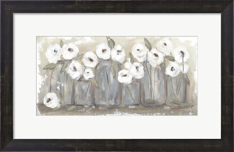 Framed White Floral Filled Jars Print
