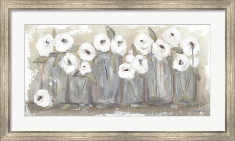Framed White Floral Filled Jars Print