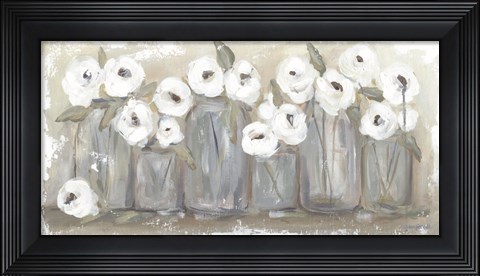 Framed White Floral Filled Jars Print