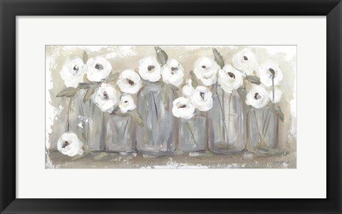 Framed White Floral Filled Jars Print